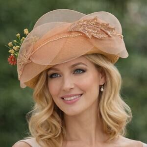 Vintage 1980s Peach Floral Formal Church Derby Statement Hat